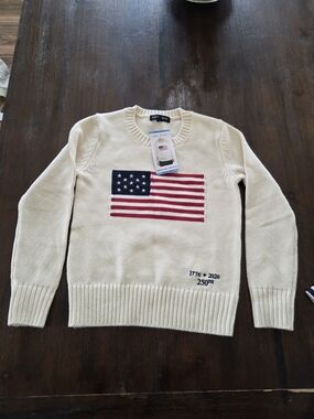 State of Mind Cream Crewneck Sweater with Red, Blue Flag Knit